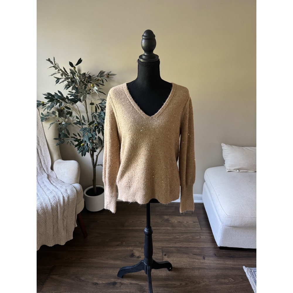LOFT Womens V-Neck Sequin Puff Sleeve Knit Sweater Tan Camel Size M